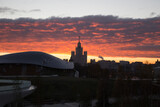 Fototapeta Big Ben - Zaryadye Park, Kotelnicheskaya Embankment Building skyscraper  and Moscow city center panorama. City sunrise landscape with sunlight and beautiful sky on the Moscow River, Russia 