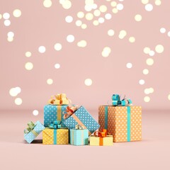 Fototapete - Gift box Set on pink color background with Lighting Bokeh backdrop. 3D Render. minimal christmas new year concept. selective focus.