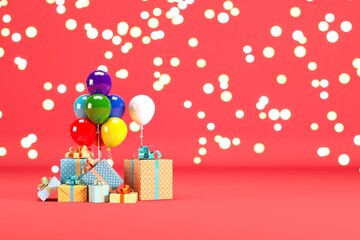 Fototapete - Gift box Set with colorful balloon on red color background with Lighting Bokeh backdrop. 3D Render. minimal christmas new year concept. selective focus.