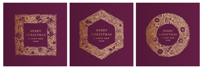 Canvas Print - Christmas Greetings Vector Banner Templates Set. Winter Holiday Symbol Doodle Pine Branches Wreath Sketches on Purple Background. New Year Frame Labels or Card Design Collection with Golden Glitter