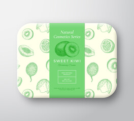 Canvas Print - Kiwi Bath Cosmetics Package Box. Abstract Vector Wrapped Paper Container with Label Cover. Packaging Design. Modern Typography and Hand Drawn Exotic Fruits Background Pattern Layout. Isolated