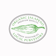 Wall Mural - jalapeno pepper frame badge or logo template. hand drawn green vegetable sketch with retro typograph