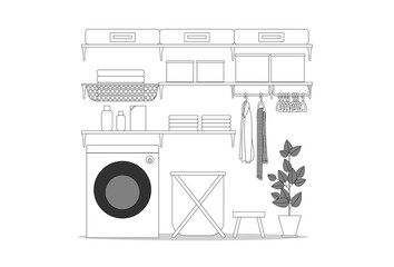 line vector drawing of laundry room in home