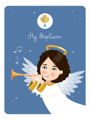 Wall Mural - Foreground angel playing the trumpet. My baptism reminder on a blue sky background. Vector illustration