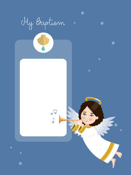 Angel playing the trumpet. My baptism invitation with message on blue sky and stars background. Vector illustration.ai
