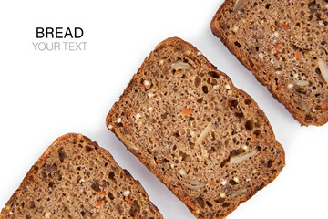 Loaf Of Whole Grain Bread. Detailed close-up of sliced grain bread on white background. Homemade healthy bread. Bakery - gold rustic crusty loaves of bread and buns. Flat lay. Food concept. 