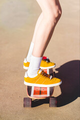 Wall Mural - Feet and legs of a skater girl or woman riding a longboard. Skateboarding concept