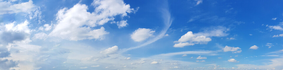 Blue sky panorama with cloud on a sunny day. Beautiful 180 degree panoramic image.