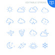 Weather related icons. Editable stroke. Thin vector icon set