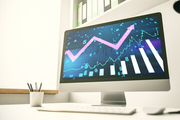 Poster - abstract creative financial graph with upward arrow on modern laptop monitor, forex and investment c
