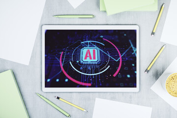 Fototapete - top view of modern digital tablet screen with creative artificial intelligence abbreviation. future 
