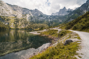 Wall Mural - Hinterer Gosausee, beautiful lake in the middle of the nature, surrounded by mountains from Dachstein massif, Austrian Alps