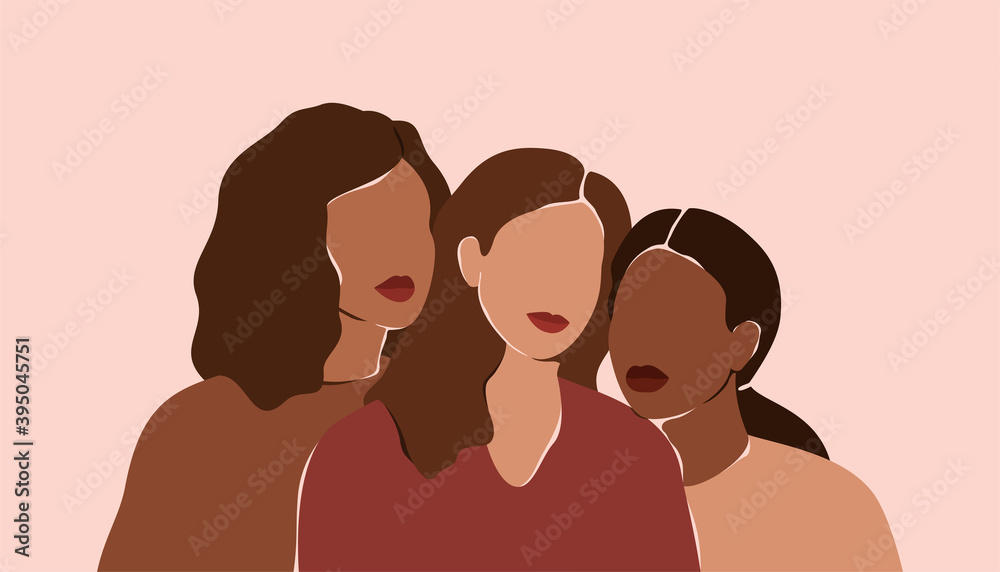 Three beautiful women with different skin colors stand together. Abstract minimal portrait of girls face to face. Concept of sisterhood and females friendship.  Vector illustration - obrazy, fototapety, plakaty 
