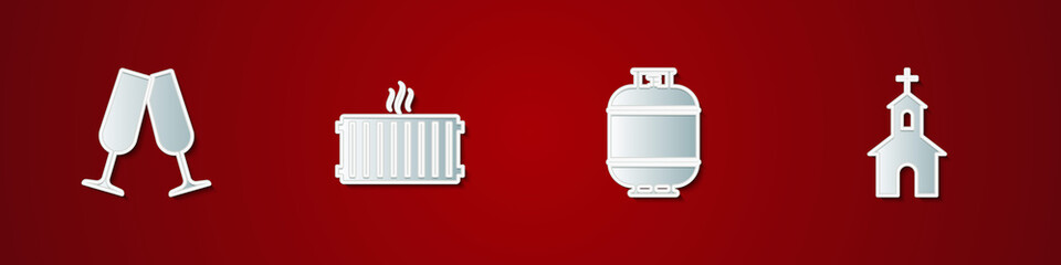 Sticker - Set Glasses of champagne, Heating radiator, Propane gas tank and Church building icon. Vector.