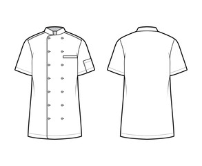 Wall Mural - Shirt bakers chefs uniform technical fashion illustration with short sleeves, welt pockets, relax fit, double breasted button-down. Flat template front, back white color. Women men top CAD mockup