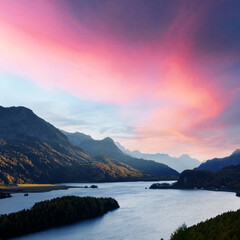 Wall Mural - Aerial view on autumn lake Sils (Silsersee) in Swiss Alps mountains. Colorful forest with orange larch. Switzerland, Maloja region, Upper Engadine. Landscape photography