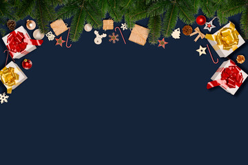 Wall Mural - christmas wooden natural decoration ornament wide horizontal banner with copyspace on blue backgroun