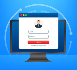 Poster - Login page on laptop screen. Notebook and online login form, sign in page. User profile, access to account concepts. Vector illustration.