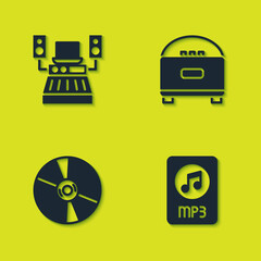 Sticker - Set Music recording studio, MP3 file document, CD DVD disk and Stereo speaker icon. Vector.