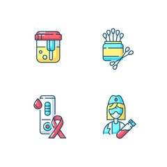 Sticker - Medical laboratory diagnostic RGB color icons set. Healthcare fluid analysis. Illness checkup. Hospital research. Medical equipment for blood test. Lab worker. Isolated vector illustrations