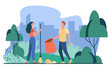 Happy couple picking up litter outdoors. Young people cleaning park from garbage flat vector illustration. Volunteering, nature care concept for banner, website design or landing web page
