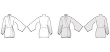 Kimono Robe Technical Fashion Illustration With Long Wide Sleeves, Belt To Cinch The Waist, Above-the-knee Length. Flat Blouse Template Front, Back White Grey Color. Women Men Unisex CAD Shirt Mockup