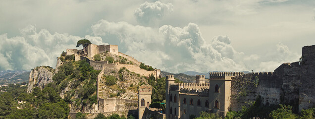 Wall Mural - Aerial image picturesque view to ancient castle of Xativa. Spain