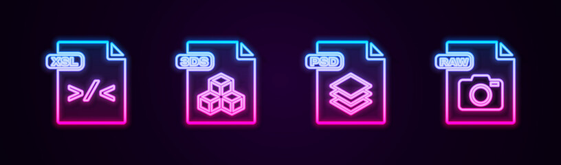 Poster - set line xsl file document, 3ds, psd and raw. glowing neon icon. vector.