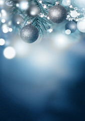 fir blue pine branch and christmas ball - christmas holidays background.