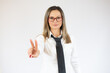 © Danko - Business woman showing victory sign isolated on white background.