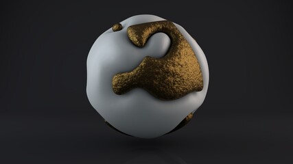 Poster - 3D rendering of an abstract shape, drops of metal, gold and white shapes are fused, combined into a beautiful, unique sphere on a dark background. Perfect curves, smooth transitions, smooth lines.