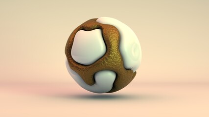 Poster - 3D rendering of an abstract shape, drops of gold and biological fluid are connected in a sphere, beautiful, unique on a white, yellow background. Perfect curves, smooth transitions, smooth lines.