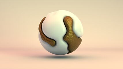Poster - 3D rendering of an abstract shape, drops of gold and biological fluid are connected in a sphere, beautiful, unique on a white, yellow background. Perfect curves, smooth transitions, smooth lines.