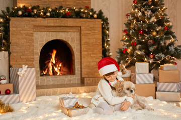 Cute smiling girl hugging Pekingese dog and looks at it with love, being happy ti get such present, sitting on floor near fireplace, wearing santa claus hat, posing indoor i festive living room.