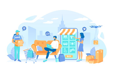 Wall Mural - People buy items online via phone and laptop. Online Shopping, Application, Service, Banking. Home delivery service. Vector illustration flat style.