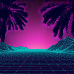 Wall Mural - 3d sunset on the beach. retro palms vector sci fi background. digital landscape cyber surface. 80s p