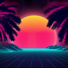 Wall Mural - 3d sunset on the beach. retro palms vector sci fi background. digital landscape cyber surface. 80s p