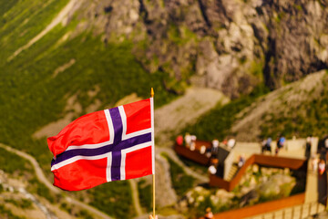 Wall Mural - Norwegian flag and Trollstigen viewing point