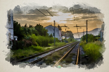 Watercolor drawing of Railway tracks with old buildings on sides, wires above and Tuscany hills