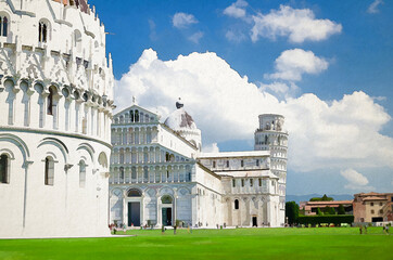 Wall Mural - Watercolor drawing of Pisa Baptistery Battistero, Pisa Cathedral Duomo Cattedrale and Leaning Tower