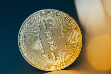 Wall Mural - Bitcoins and new virtual money. Gold coin with B.Mining icon or blockchain technology