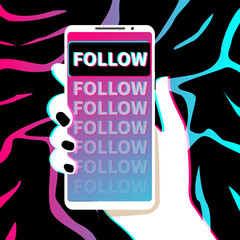 Wall Mural - Hand holds phone. Popular social network on smartphone screen. Watch cool videos and follow. Social media addiction. Vector illustration in flat design.