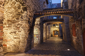 Medieval street in old town, Katarina Passage, Tallinn, Estonia. Illuminated at evening