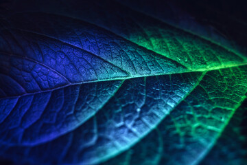 Poster - Close up Beautiful abstract leaf in colorful light. Minimalism modern style concept. Dark Background pattern for design.