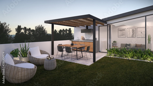 Terraza con bbq con cubierta tipo pergola, 3d render
