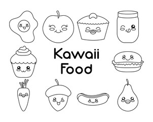 Wall Mural - icon set of kawaii food, line style