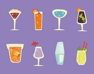 Sticker - set of delicious and fresh cocktails on purple background