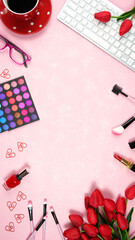 Wall Mural - Beauty makeup shopping feminine pink red theme bloggers desktop workspace with keyboard and accessories on stylish pink textured background. Top view blog hero header creative composition flat lay.