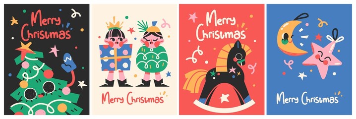 Wall Mural - New Year 2021 And Christmas Greeting Card collection. Cute holiday characters and situations