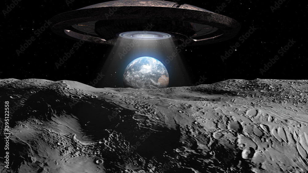 3d rendering-Flying saucer ufo heading toward Earth from the moon Stock  Illustration | Adobe Stock